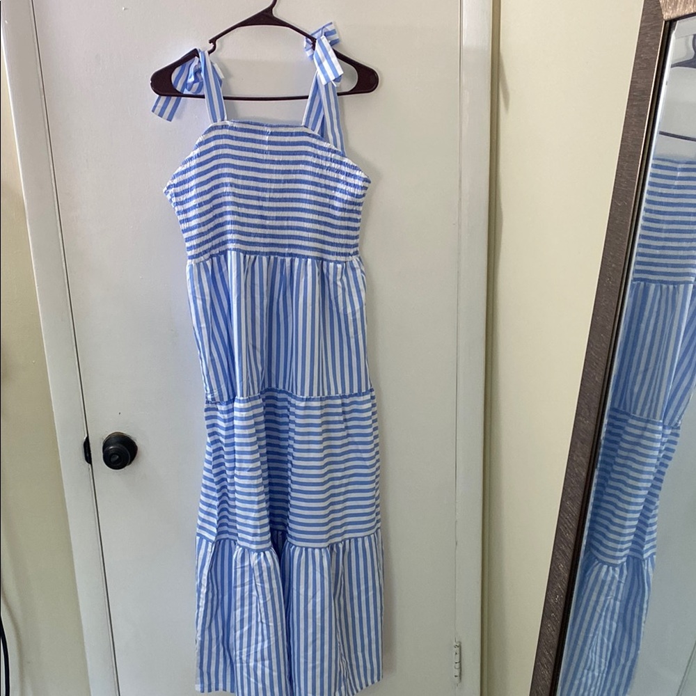 SHEIN Blue and White Tiered Ruffled Sundress